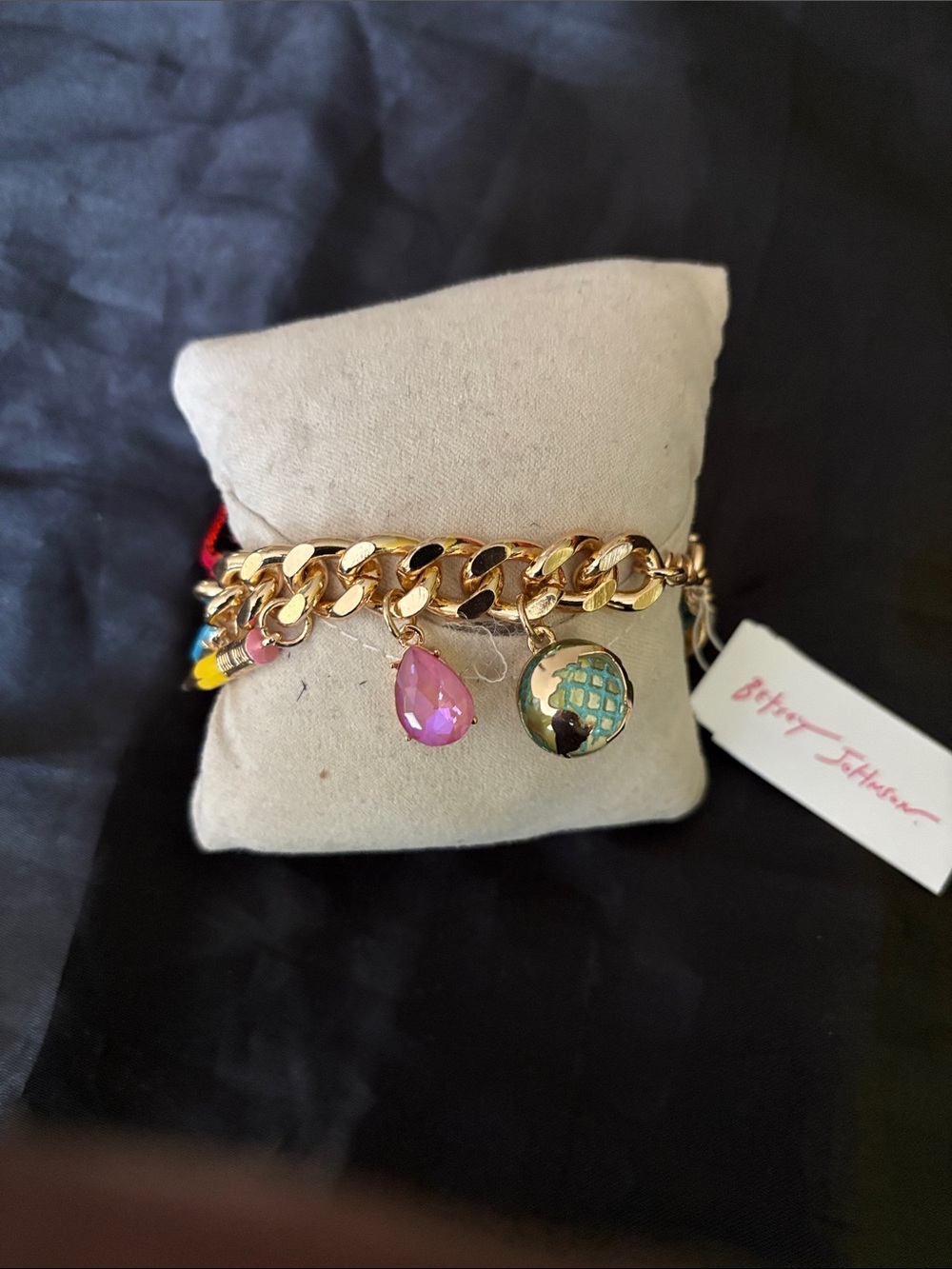 Betsey Johnson Gold Chain Charm Bracelet with Pink, Blue, Yellow & Red Accents - Picture 3 of 5